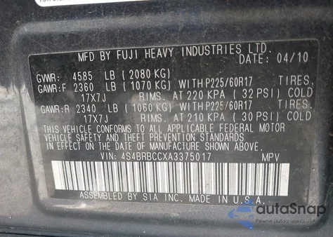 2010 Subaru Outback 2.5I Premium z USA, uszkodzony, nr VIN 4S4BRBCCXA3375017